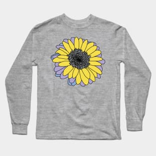 Yellow and Gray Flower Drawing with Black Line Long Sleeve T-Shirt